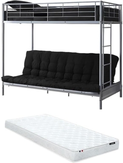 Vente-unique - Hochbett mit Schlafsofa + Futonmatratze + Matratze - 90 x 190 cm - Metall - Silberfarben & Schwarz - MODULO IV