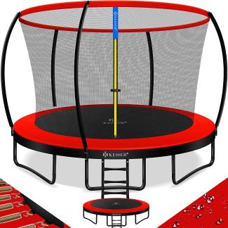 KESSER® Trampolin Gartentrampolin | TÜV Rheinland GS Zertifiziert | Kindertrampolin bis 150 kg | Komplettset mit Sicherheitsnetz, Leiter, Randabdeckung & Zubehör 244 cm, Rot / Schwarz