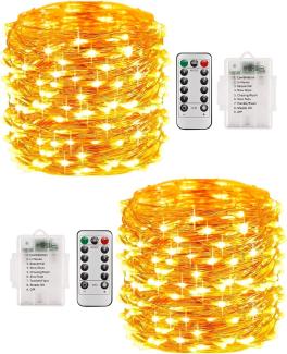 LEDYA 2er Lichterkette Batterie,10M 100 LEDs Kupferdraht Lichterkette Außen Warmweiß mit 8 Modi und Timer, IP68 Wasserdicht für Schlafzimmer, Weihnachten, Innen, Party, Hochzeit, Garten Dekoration