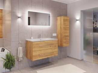 Badmöbel Set Firenze 100 3tlg. LED Spiegel und Seitenschrank eiche gold : Eiche Gold