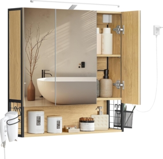 VASAGLE Badezimmerschrank mit LED-Beleuchtung, 14,5 x 70 x 70 cm, Stecker, Hängekorb, Haartrockner-Halter, Spiegelschrank, Badschrank, Wandschrank, für Badezimmer, natureichenfarben BBK124Y01