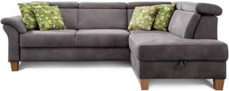 Cavadore Ecksofa Ammerland mit Ottomane rechts / Federkern-Sofa im Landhausstil mit verstellbaren Kopfstützen / 245 x 84 x 194 / Lederoptik dunkelgrau