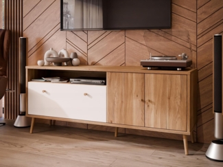 Forte Harllson, einfache Montage Dank EasyKlix TV Schrank, Holzdekor: Mauvella Eiche mit Weiß, TV Tisch mit 2 Türen, Mid Century Stil, 160 cm breit x 67 cm hoch x 41 cm tief