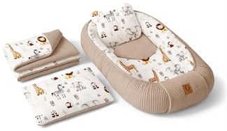 Babynest Nestchen Baby Set für Neugeborene – 5-teilig – Kuschelnest aus 100% Baumwolle & Waffelpique – Babykokon tragbar – für Babybett, Kinderbett & Kinderwagen – OEKO-TEX - ZOO und Braun
