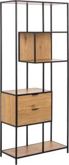 AC Design Furniture Jörn Regal, Korpus und Gestell matt schwarz rau pulverbeschichtet Stahl, 2 Schubladen und 4 Böden matt Wildeiche rau Melamin mit asymmetrischem Detail, 77 x 35 x 185 cm