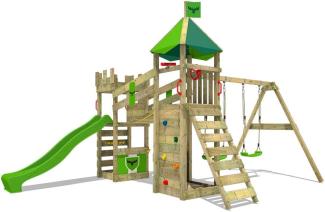 FATMOOSE Spielturm Ritterburg RiverRun mit Schaukel & apfelgrüner Rutsche, Spielhaus mit Sandkasten, Leiter & Spiel-Zubehör