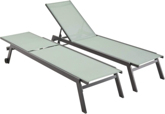 ALICE'S GARDEN Set mit 2 ELSA Sonnenliegen aus anthrazitfarbenem Aluminium und Textilene in graugrün, Liegestühle mit mehreren Positionen und Rädern
