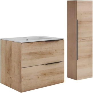 Vente-unique - Hängender Badezimmerunterschrank mit Einbauwaschbecken und Hochschrank - Heller Naturton - 60 cm - NISAYA
