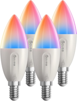 Govee Smarte Glühbirne E14, RGBWW LED Lampe, Funktionieren mit Matter, Alexa, Google Assistant, Smart Bulb E14 Glühbirne 450LM, dimmbare mit 16 Millionen DIY-Farben, 54 Szenen, 4 Stück