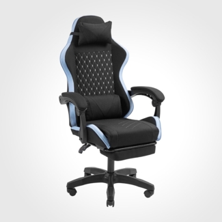 MARS GAMING MGC-X, Ergonomischer Gaming-Stuhl, Atmungsaktiver Stoff, Verstellbare Rückenlehne und Höhe, Dynamische Armlehnen, Nacken- und Lendenkissen, Bürostuhl mit Ausziehbarer Fußstütze, Blau