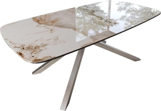 Esstisch Edge Boot 200x100 Keramik Minas Melange Weiß-Beige Kreuzgestell Rechteck Edelstahl