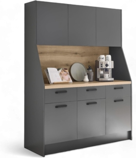 Stella Trading Mykonos Buffetschrank in Graphit, Evoke Eiche Optik FSC-Zertifiziert - Geräumiger Küchenschrank mit Arbeitsplatte - 153 x 205 x 58 cm (B/H/T)