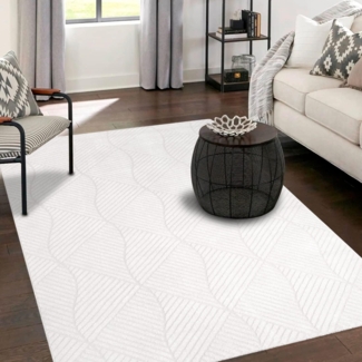 Teppich Wohnzimmer Einfarbig - 160x230 cm - Weiß Uni Geometrisch Wellen Muster Modern Kurzflor Deko Teppiche Weich Schlafzimmer