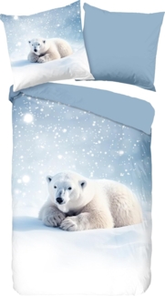 good morning Kinderbettwäsche Esben, Biber, Flanell, 2 teilig, Flanell, Biber, 135x200, Winter, Warm, Wendeoptik, Kind, Eisbär, Blau