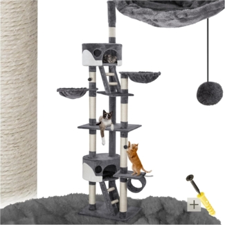 tectake Kratzbaum Katzenbaum Hansi 260 cm - Diverse Farben - Grau-Weiß, Vielseitig mit robusten Sisalstangen und Plüschoberfläche