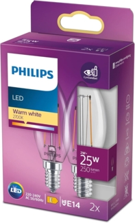 Philips LED Classic E14 Lampe, 25 W, Kerzenform, klar, warmweiß, Doppelpack