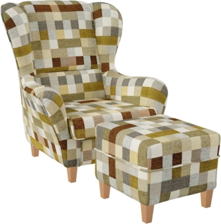 Supellex Ohrensessel Sofia, Relaxsessel mit Hocker, Design WPatchwork, kariert, Beige-Ocker