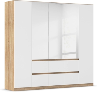 Rauch Möbel Mainz Schrank Kleiderschrank Drehtürenschrank Weiß / Eiche Sonoma 5-türig mit Spiegel, 6 Schubladen inkl. Zubehörpaket Basic 3 Einlegeböden, 3 Kleiderstangen, grifflos BxHxT 226 x 210 x 54 cm