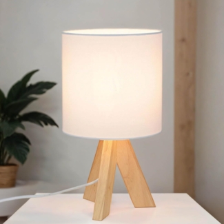 Licht-Erlebnisse Nachttischlampe GING, ohne Leuchtmittel, Tischlampe Weiß Holz Fuß Stoffschirm E14 31cm Nachttisch Lampe