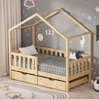 ML-DESIGN Spielbett Hausbett Kinderbett inkl. 2 Schubladen, Lattenrost und Rausfallschutz, Abenteuerbett 70x140cm Haus Bett Himmelbett Kiefer Jugendbett Natur