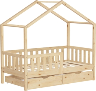 ML-DESIGN Spielbett Hausbett Kinderbett inkl. 2 Schubladen, Lattenrost und Rausfallschutz, Abenteuerbett 70x140 cm Haus Bett Himmelbett Kiefer Jugendbett Natur