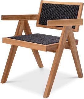 Casa Padrino Luxus Teakholz Esszimmer Stuhl mit Armlehnen Naturfarben / Schwarz 56 x 65,5 x H. 78 cm - Garten Stuhl - Terrassen Stuhl - Garten Möbel - Esszimmer Möbel - Luxus Teakholz Möbel