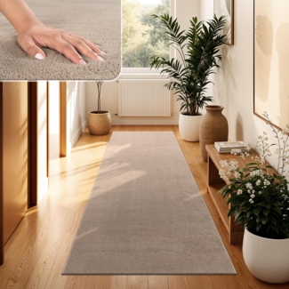 Paco Home Waschbarer Teppich Wohnzimmer Schlafzimmer Kurzflor rutschfest Flauschig Weich Moderne Einfarbige Muster, Grösse:80x300 cm, Farbe:Taupe