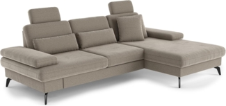 Cavadore Ecksofa Moritz / Eckcouch mit Longchair, Bett, Bettkasten, Sitztiefenverstellung, Kopfstützen und mattschwarzen Metallfüßen / 275x82-107x171 / Mikrofaser, Perlbeige