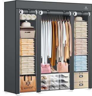 KESSER® Kleiderschrank Stoffschrank Stabil mit Kleiderstange & Ablagen, Inkl. 5x Kleiderbügel, Stoff Faltschrank für Schlafzimmer, Ankleidezimmer Garderobe mit Kleiderständer 150x45x175cm Anthrazit