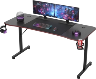 JUMMICO Gaming Tisch Groß, Gaming-Schreibtisch, Computertisch, Arbeitsplatz, Ergonomischer Gamer-Tisch mit Headsethaken, Getränkehalter, 160x60 cm, Schwarz.