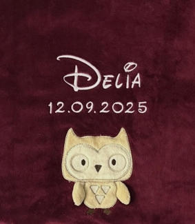 KIDDI-MEDIA Babydecke mit Name und Geburtsdatum Bestickt/kuschelig weich / 1A Qualität (Bordeaux - Eule)