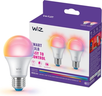 Wiz Smart LED A60-Lampe, Color und Tunable White, E27-Sockel, äquivalent 60 W, 2200–6500 K, 806 Lumen, dimmbar, funktioniert mit Alexa, Google Assistant, und Apple Home, 2er Pack