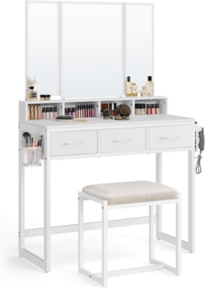 Vasagle Schminktisch mit gepolstertem Hocker, Holzspanplatte weiß, 90 x 40 x 141 cm