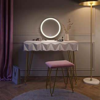 Vicco 'Ruby' Schminktisch mit LED-Beleuchtung und Hocker, Holzspanplatte weiß / pink / gold, 100 x 40 x 79 cm