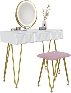 Vicco 'Ruby' Schminktisch mit LED-Beleuchtung und Hocker, Holzspanplatte weiß / pink / gold, 100 x 40 x 79 cm