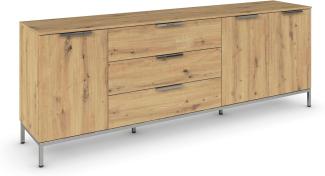 Rauch Möbel Flipp, Sideboard, TV-Schrank, Kommode mit Stauraum, mit Metallkufe chrom, Eiche Artisan, 3-türig, 3 Schubkästen, Griffe chrom, 199 x 72 x 42 cm