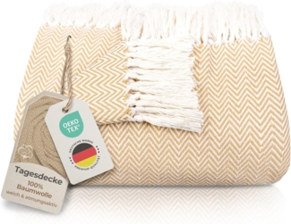 Gräfenstayn Tagesdecke mit Fransen aus 100% Baumwolle – Baumwolldecke mit Fischgrätenmuster, Wohndecke als Sofa-Überwurf, Bett-Überwurf, Couch-Überwurf, Sofa-Decke
