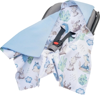 Medi Partners Einschlagdecke Baby Babyschale 100% Baumwolle für Sommer 85x85 cm Kinderwagen Kuscheldecke universal Baby Decke Einschlagdecken Babydecke Buggy Autositz (REH und Igel mit blau Waffel)