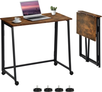 MEUBLE COSY Klapptisch mit Rollen Kleiner Klappbarer Schreibtisch Laptoptisch aus Holz und Metall Computertisch fürs Büro, Wohnzimmer, Home Office, Industrial Style, Braun