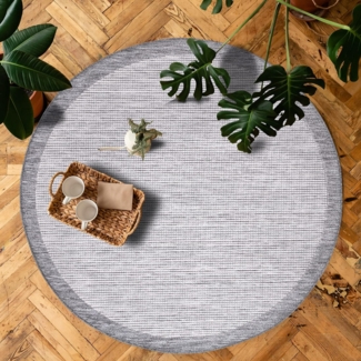 Outdoor Teppich Rund - 200x200cm - Wetterfest - Grau Weiß - Bordüre - Teppiche für Terrasse Balkon Garten Indoor