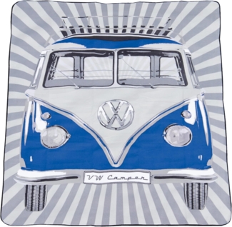 BRISA VW Collection - Volkswagen Picknickdecke 200x150 cm Wasserdicht Wärmeisoliert Fleece Garten Outdoor Stranddecke mit Tragetasche (Samba Stripes/Blau)