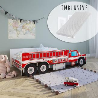 Kids Collective 'Feuerwehr' Autobett 70x140 cm, mit Matratze, Rausfallschutz und Lattenrost