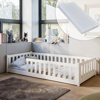 Kinderbett Bodenbett 90x200 cm Bett mit Matrazte, Rausfallschutz & Lattenrost Montessori Bett Bed Gitterbett Kinder Jugendbett Einzelbett komplett Set | weiß Kiefer Holz massiv Junge Mädchen