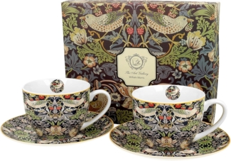 DUO ART GALLERY 2er-Set Tassen 250 ml STRAWBERRY THIEF BLUE mit Untertassen, New Bone China Porzellan