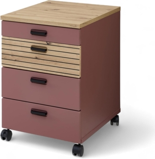 Stella Trading Glenn Rollcontainer Schreibtisch in Rusty Red, Artisan Eiche Optik - Mobiler Büroschrank mit Schubladen - 45 x 66 x 55 cm (B/H/T)