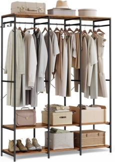 SONGMICS Kleiderschrank offen, Kleiderständer, Garderobenständer, Garderobe mit Kleiderstange, Ablagen, abnehmbare Haken, 40 x 141 x 180 cm, vintagebraun RGR005B01
