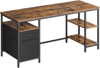 VASAGLE Computertisch, Bürotisch, Schreibtisch, mit 3 Ablagen, 2 Schubladen, 60 x 160 x 76 cm, fürs Büro, Wohnzimmer, moderner Stil, vintagebraun-schwarz