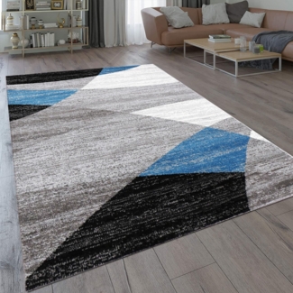 VIMODA Teppich Geometrisches Muster Meliert in Blau Grau Weiß Schwarz Kurzflor Wohnzimmer, Maße:80x250 cm