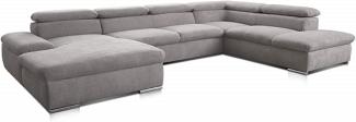 Cavadore Wohnlandschaft Alkatraz im modernen Design / U-Form mit Longchair links und Ottomane rechts / Inkl. Kopfteilverstellung / 350 x 73 x 226 / Hellgrau
