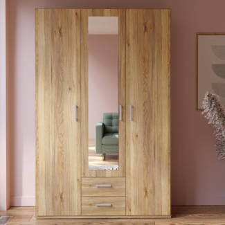 Forte ECONOBOX 2 Kleiderschrank 130 135, 3-türiger Drehtürenschrank mit Spiegel und 2 Schubladen, Holzwerkstoff, Mauvella Eiche Dekor, 133,2 cm breit, 210,5 cm hoch, 54,2 cm tief